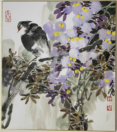 Crested myna and Wisteria flowers